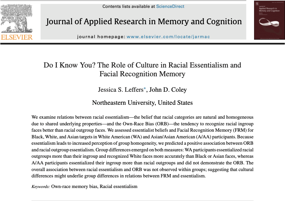 New CORE Lab Publication: Do I Know You? The Role of Culture in Racial Essentialism and Facial Recognition Memory in the Journal of Applied Research in Memory and Cognition