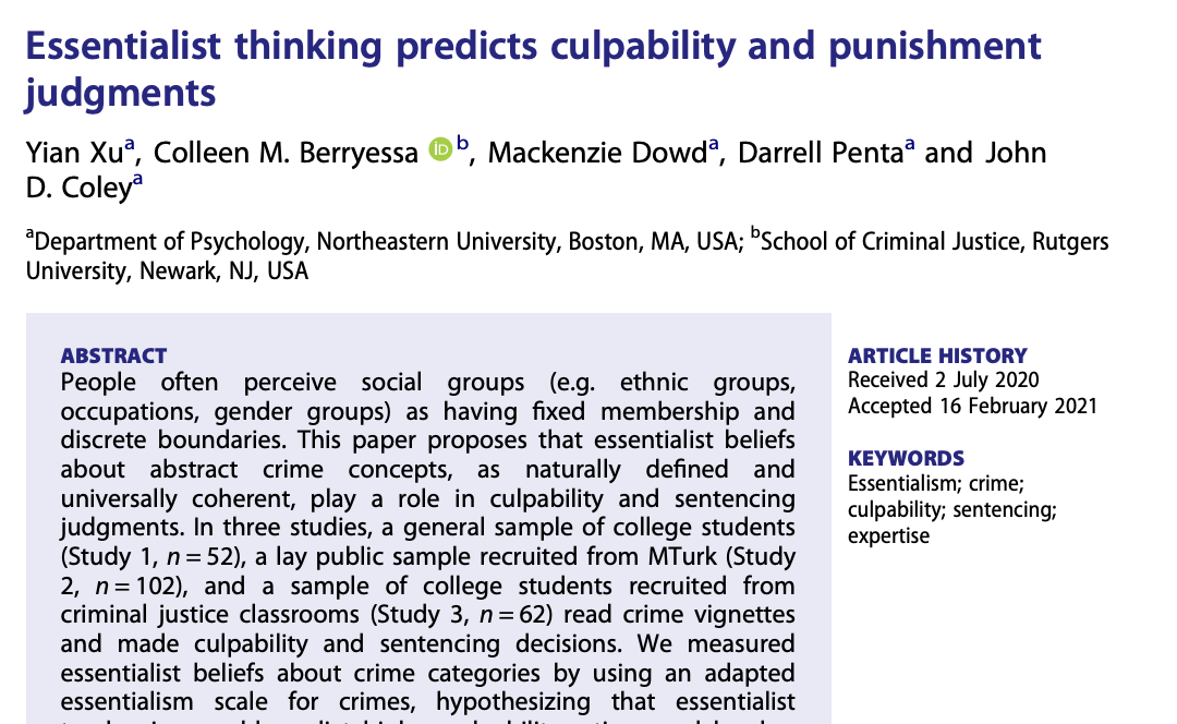 Essentialist Thinking Predicts Culpability and Punishment Judgments